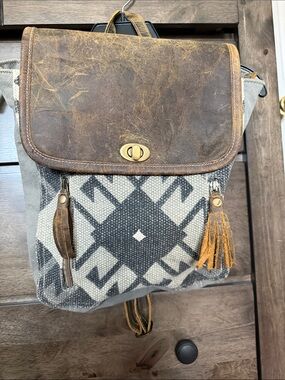 Myra Bag Brown Leather & Gray Aztec-Pattern Backpack